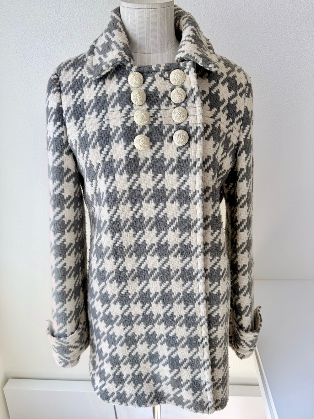 J. Crew Houndstooth Wool Double Breasted Coat Grey White Size 6 Style 18057 FA09